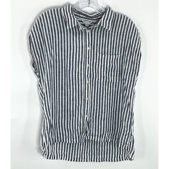 Orvis Top Women S Striped Linen Button Up Short Sleeve Pocket Lightweight Preppy - Picture 1 of 9